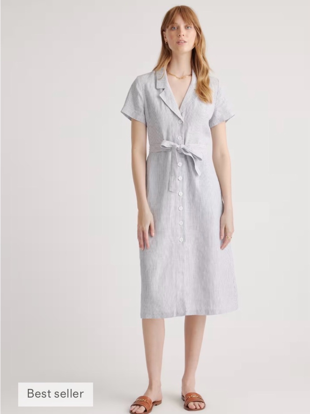 Quince Light Gray Striped Button-Front Tie-Waist Midi Dress